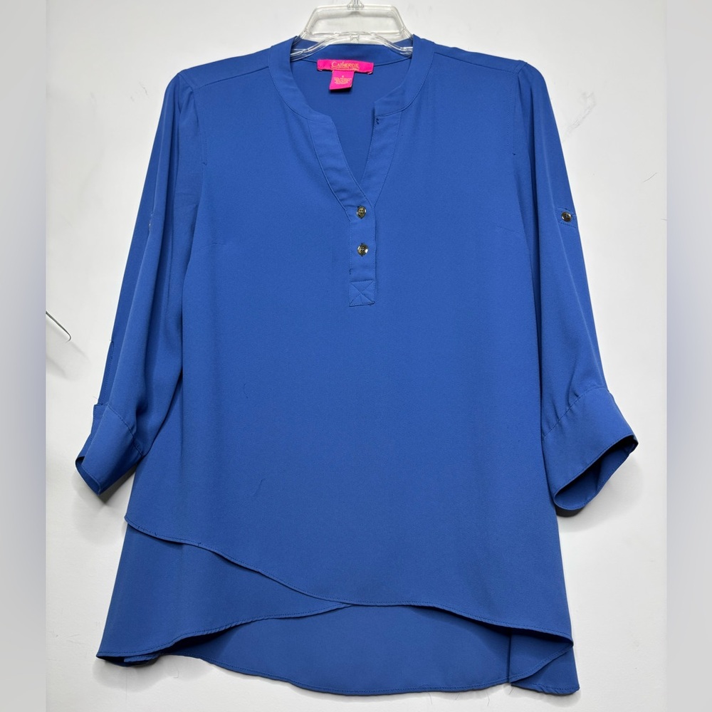 BN6 Catherine Blue Chiffon Layered Blouse Roll tab Sleeve V-Neck Workwear Small‎